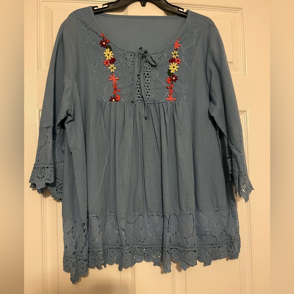 Embroidered Boho Peasant Top - Blue